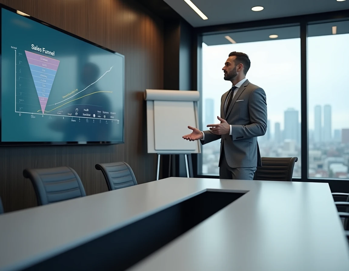 Commercial présentant un tunnel de vente digital sur un écran interactif lors d'une réunion en salle de conférence