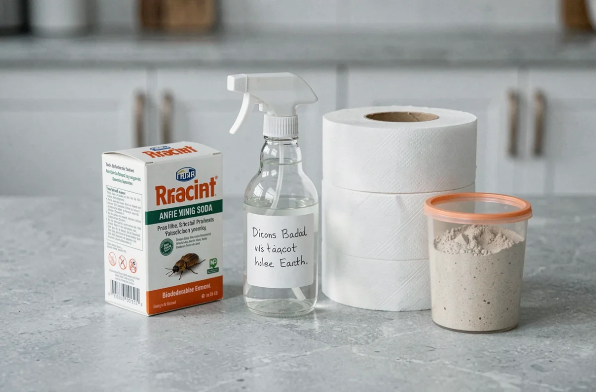 Produits ménagers naturels pour prévenir les asticots dans la poubelle disposés sur un plan de travail en cuisine : bicarbonate, vinaigre blanc et sacs poubelle biodégradables