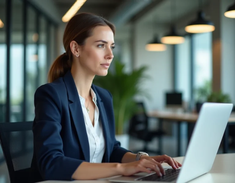 Professionnelle en blazer marine analysant un tableau de bord CRM sur un ordinateur portable dans un bureau moderne