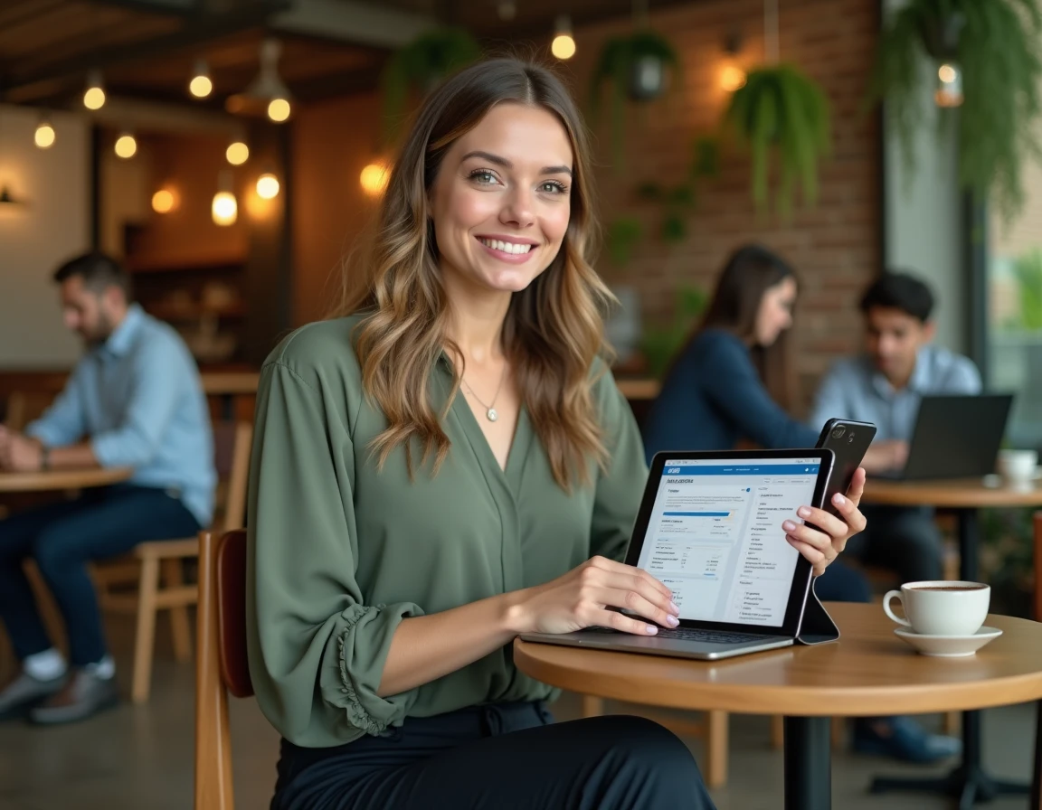 Jeune professionnelle gérant une campagne de prospection digitale sur tablette et smartphone dans un espace de coworking