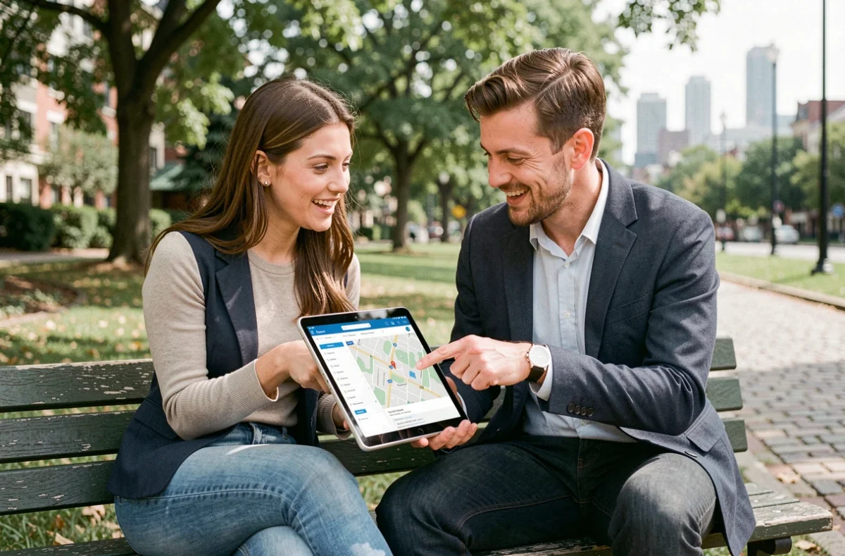 Deux personnes consultant ensemble une application d'offres d'emploi locales sur une tablette dans un parc