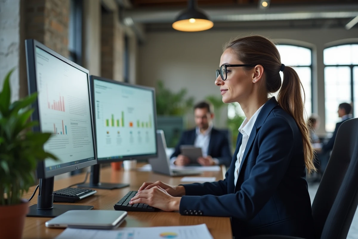 Responsable d'entreprise analysant un tableau de bord ERP sur deux écrans dans un bureau moderne