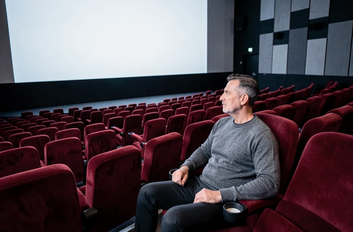 Homme seul dans une salle de cinéma à Liévin avant le début de la séance