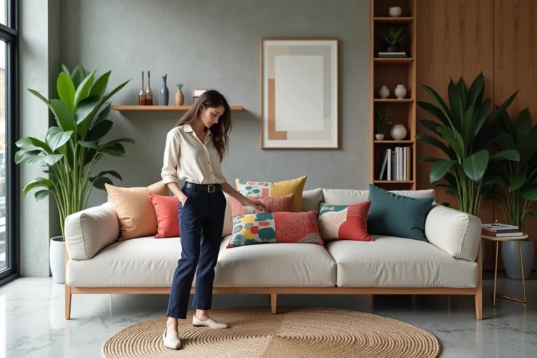 Femme stylée arrangeant coussins colorés dans un salon moderne