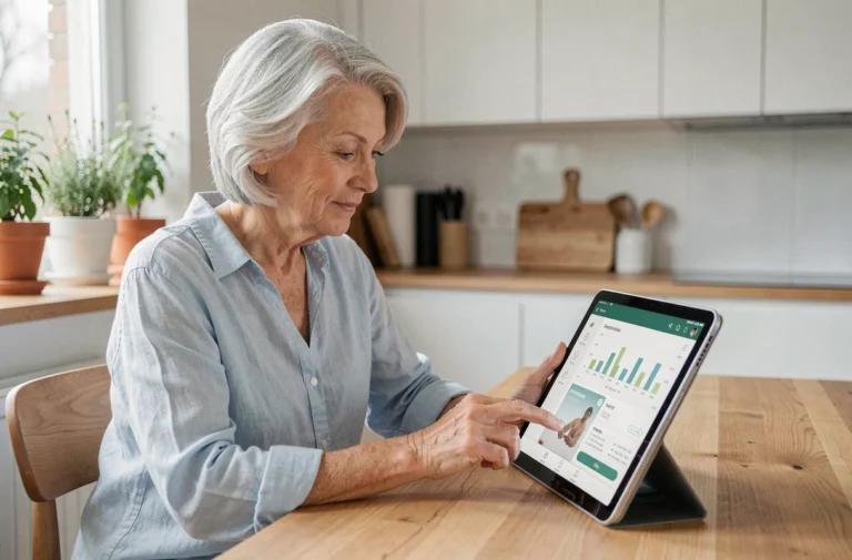 Femme senior utilisant une tablette pour suivre son bien-être et sa santé à domicile