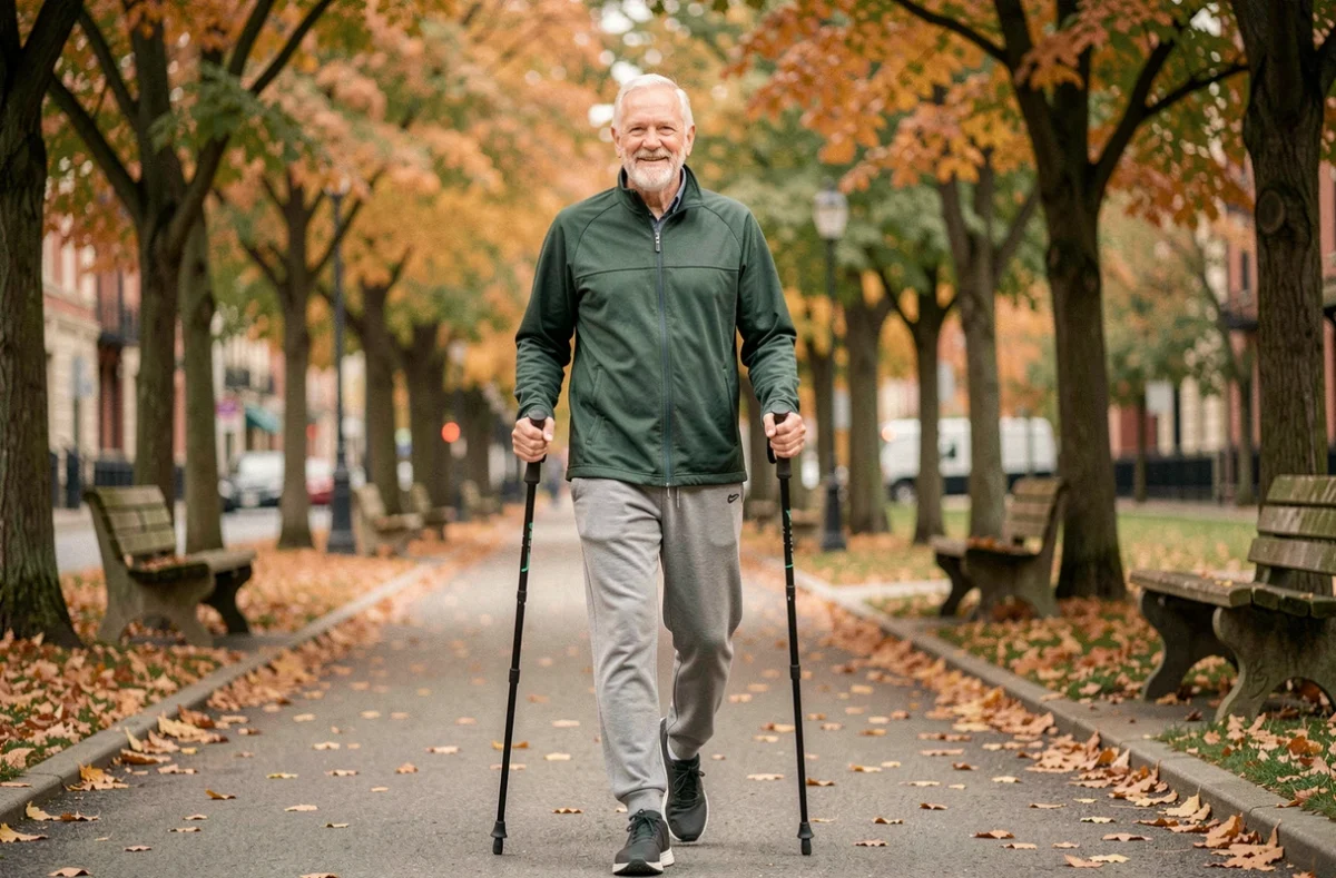 Homme senior pratiquant la marche nordique dans un parc urbain en automne