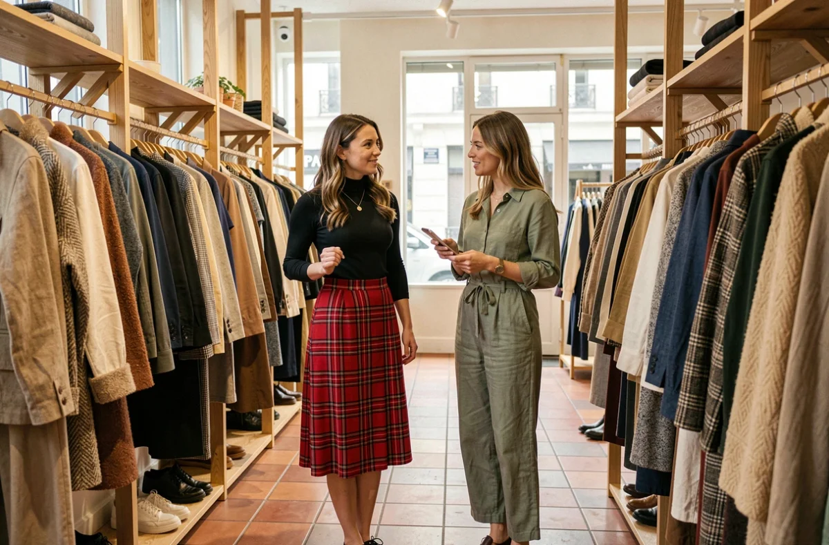 Deux femmes aux styles tendance parcourant les vêtements dans un concept store parisien, mode saison incontournable