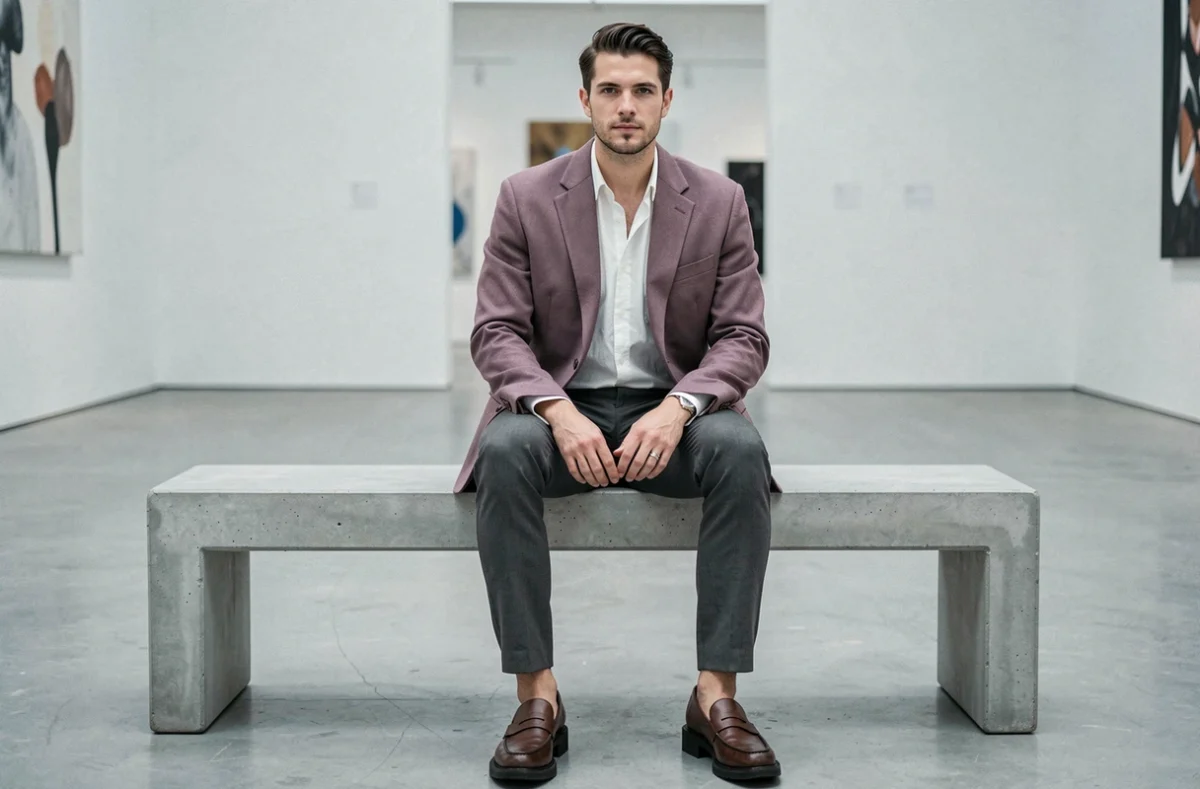 Homme en blazer mauve structuré assis dans une galerie d'art moderne, look mode tendance saison printemps-été
