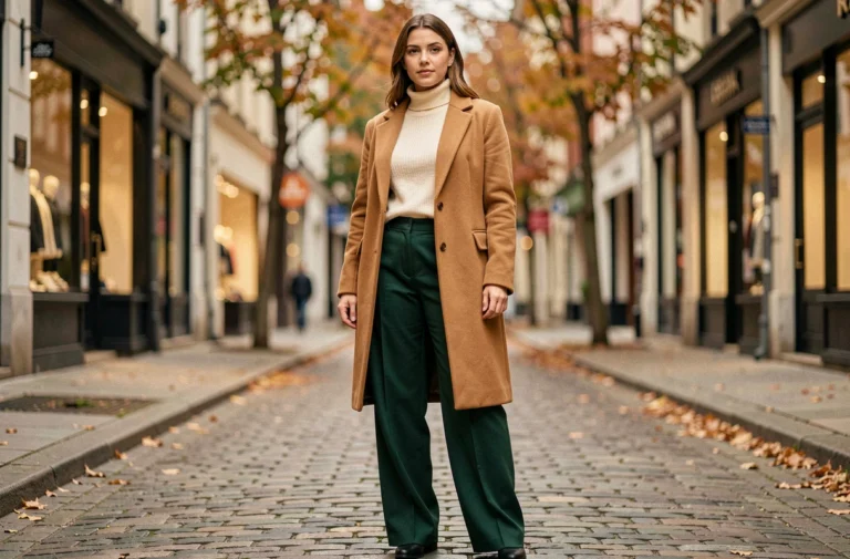 Femme élégante portant un manteau camel et un pantalon large vert forêt dans une rue pavée européenne, tendances mode automne-hiver
