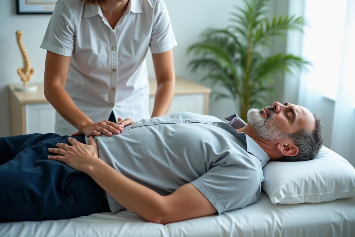 Patient allongé sur une table de traitement chiropractique recevant un soin ciblé sur la zone lombaire et fessière pour soulager la sciatique