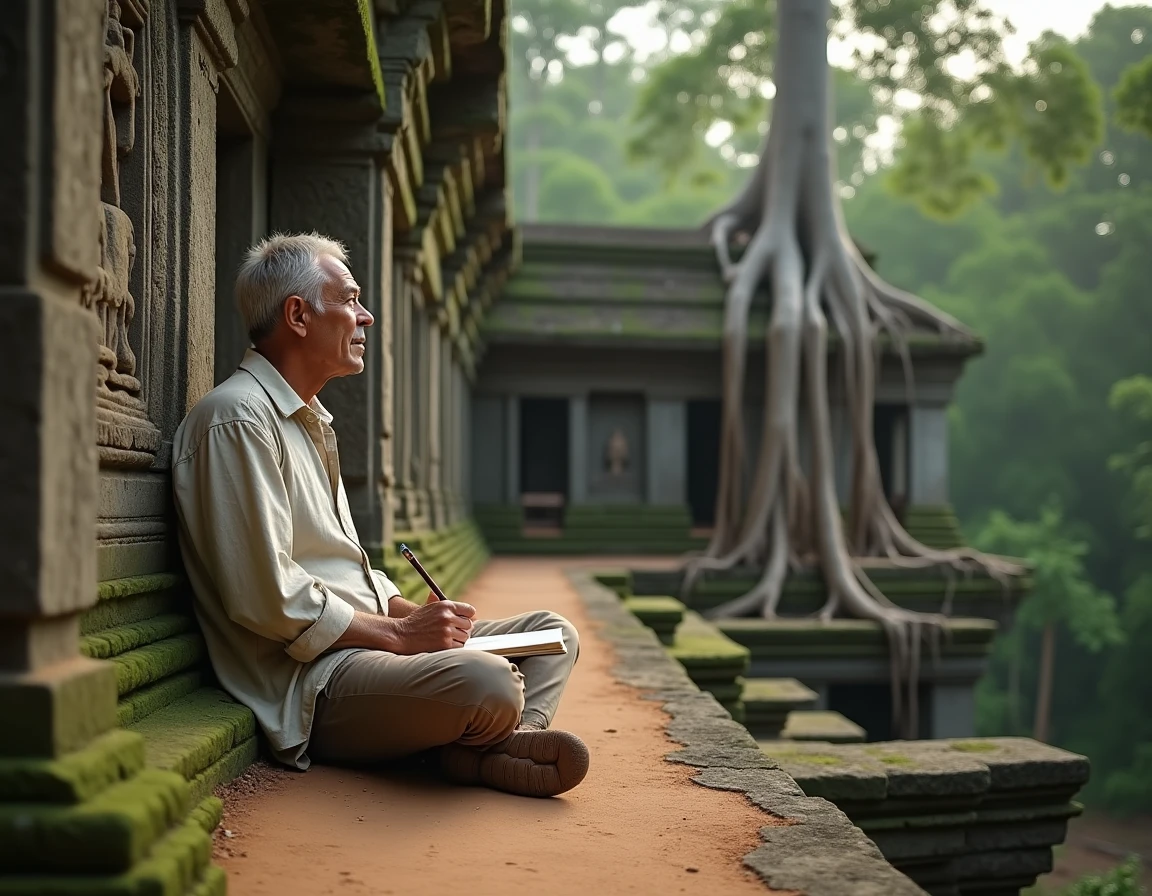Voyageur dessinant les bas-reliefs sculptés d'un temple d'Angkor Wat entouré de la jungle cambodgienne
